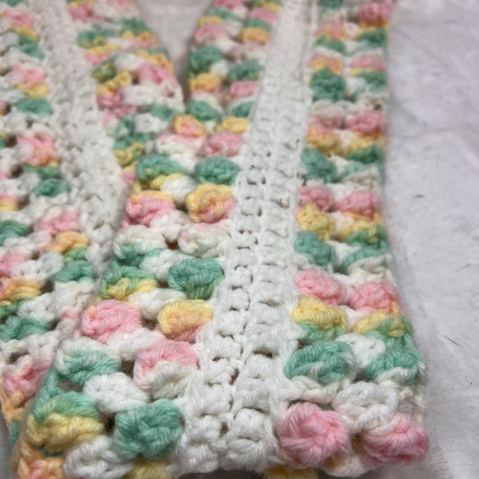 Vintage Crochet Pink Green Girls Scarf Winter 52” x 5”
