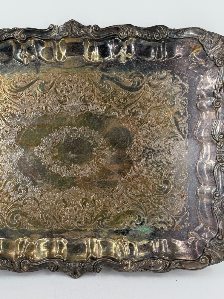 Vintage Silver Plated Copper Silver On Copper Ornate Engraved Serving Tray-25"