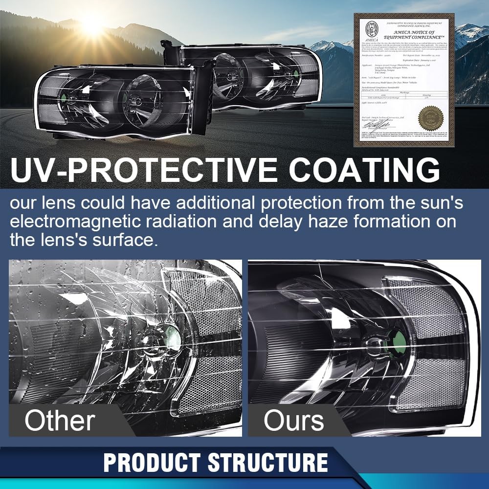 Halogen Headlight Assembly for 2002-2005 Dodge Ram, Black Housing