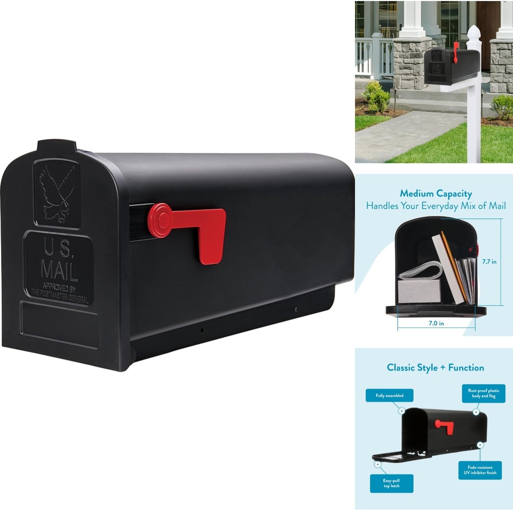 Rust-Proof Plastic Post-Mounted Medium Curbside Mailbox, Black, USPS Approved