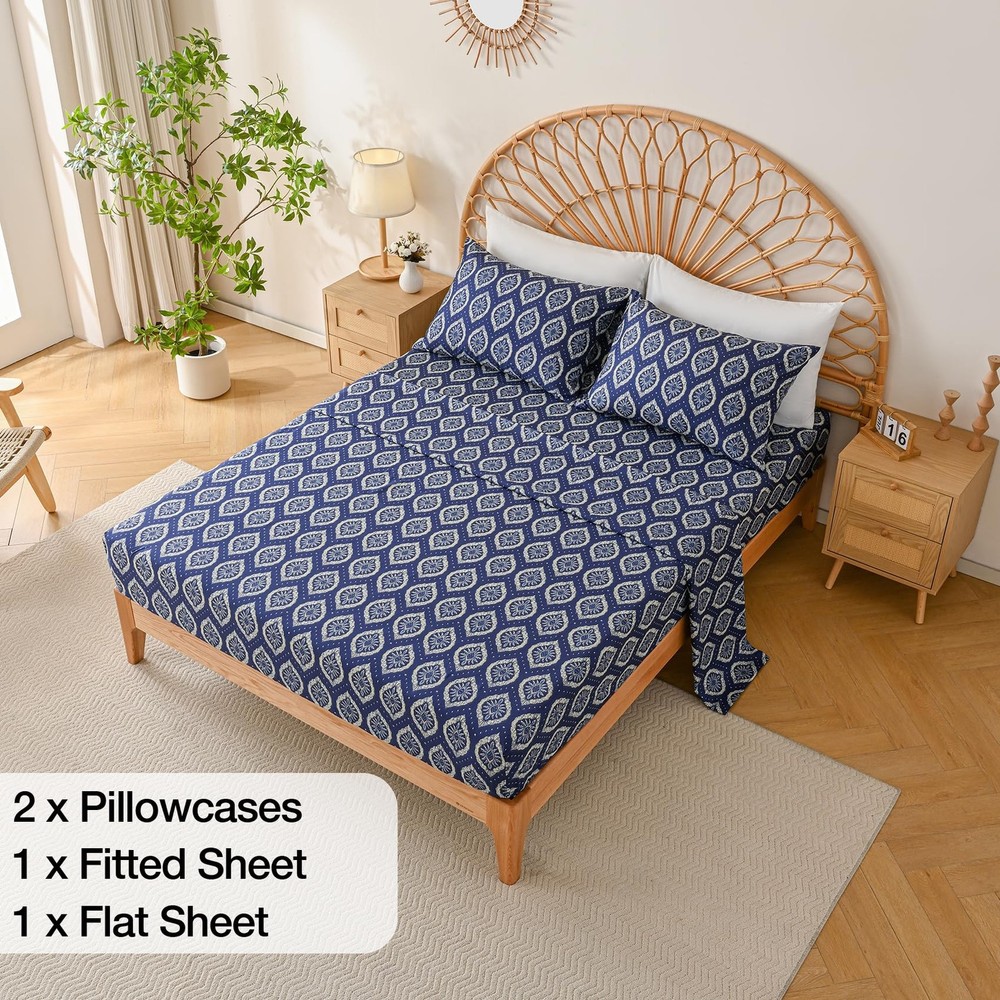 Yibeizi Navy Blue Boho Patterned Queen Sheet Set Microfiber 4 Piece Bedding