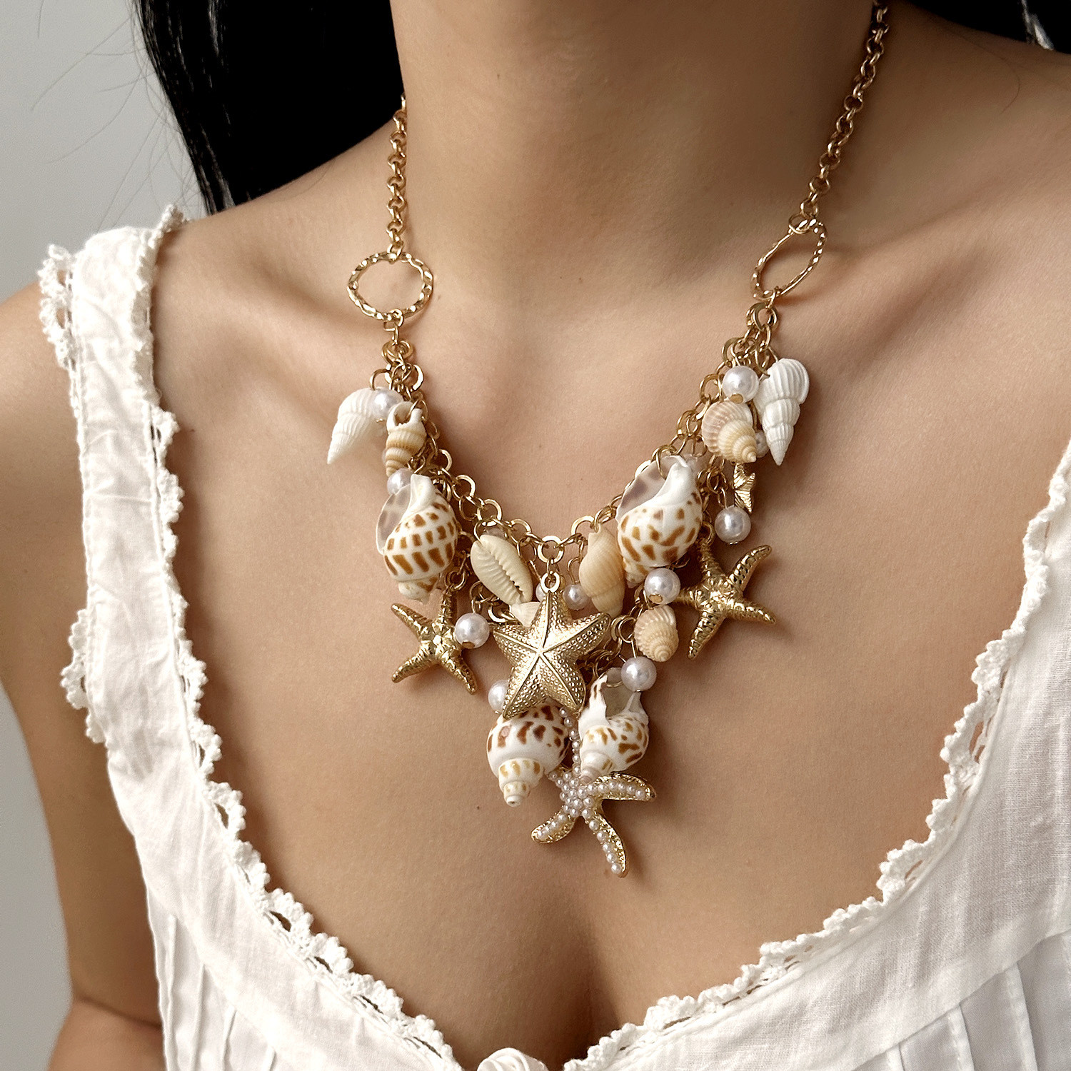 Bohemia Necklace With Multiple Seashells Starfishes And Beachy Holiday Style