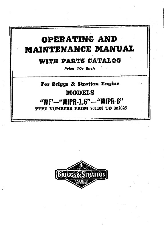 Fits Briggs & Stratton Models WI Operating & Maintenance Manual Book