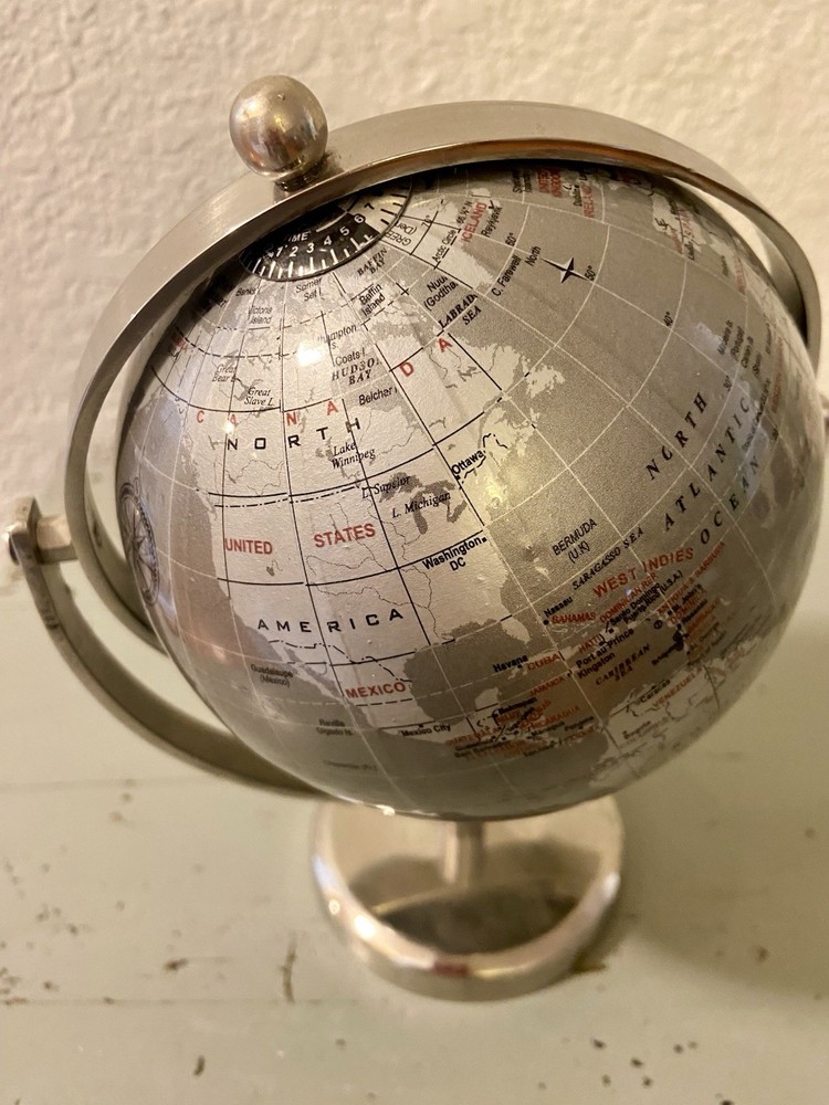Metal Chrome World Globe Map Rotating Desktop Decor 8” Tall