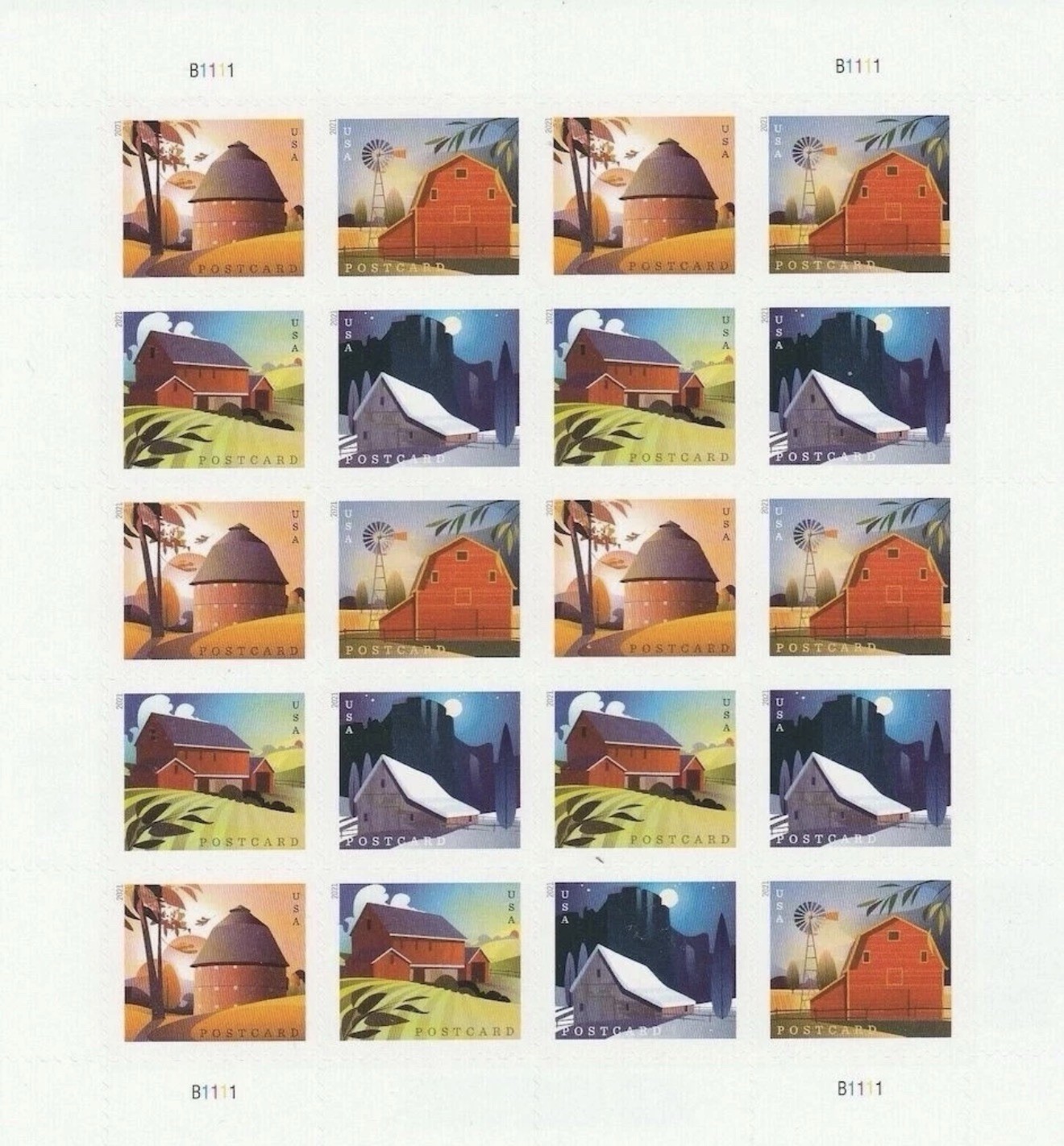 2021 USPS SHEET OF 20 POSTCARD STAMPS  BARNS 61¢