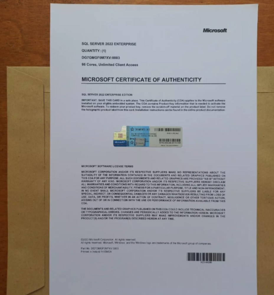 SQL Server 2022 ENTERPRISE 96 Core License, unlimited User CALs Physical Item