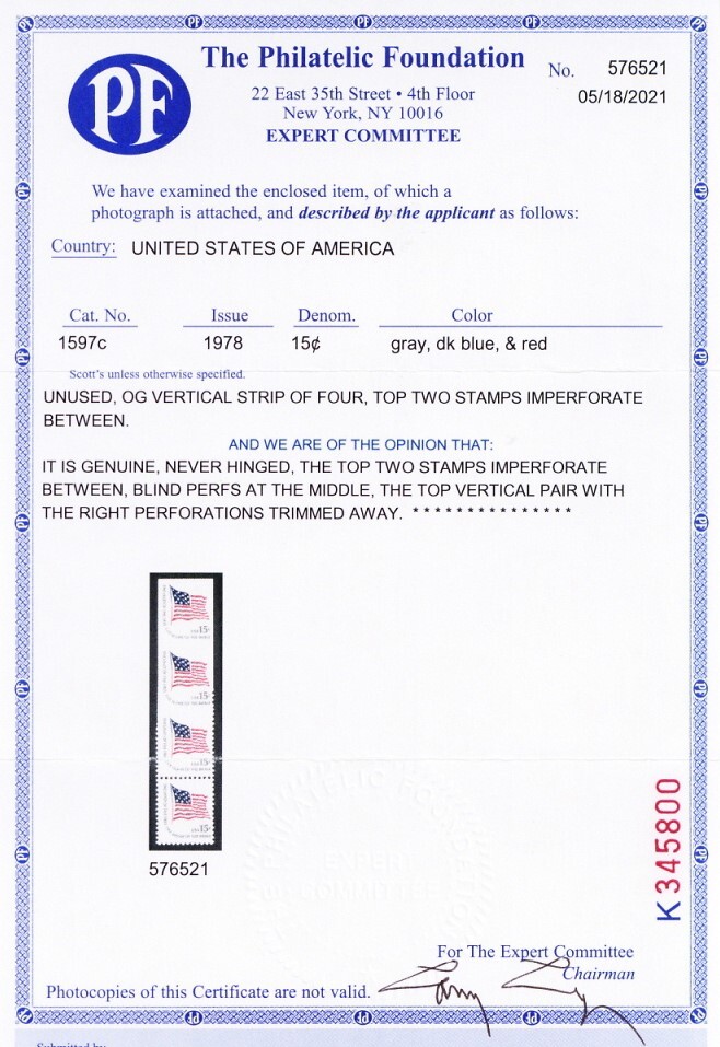 1597c, Mint NH VF 15¢ Imperforate Between Pair Error With PFC - Stuart Katz