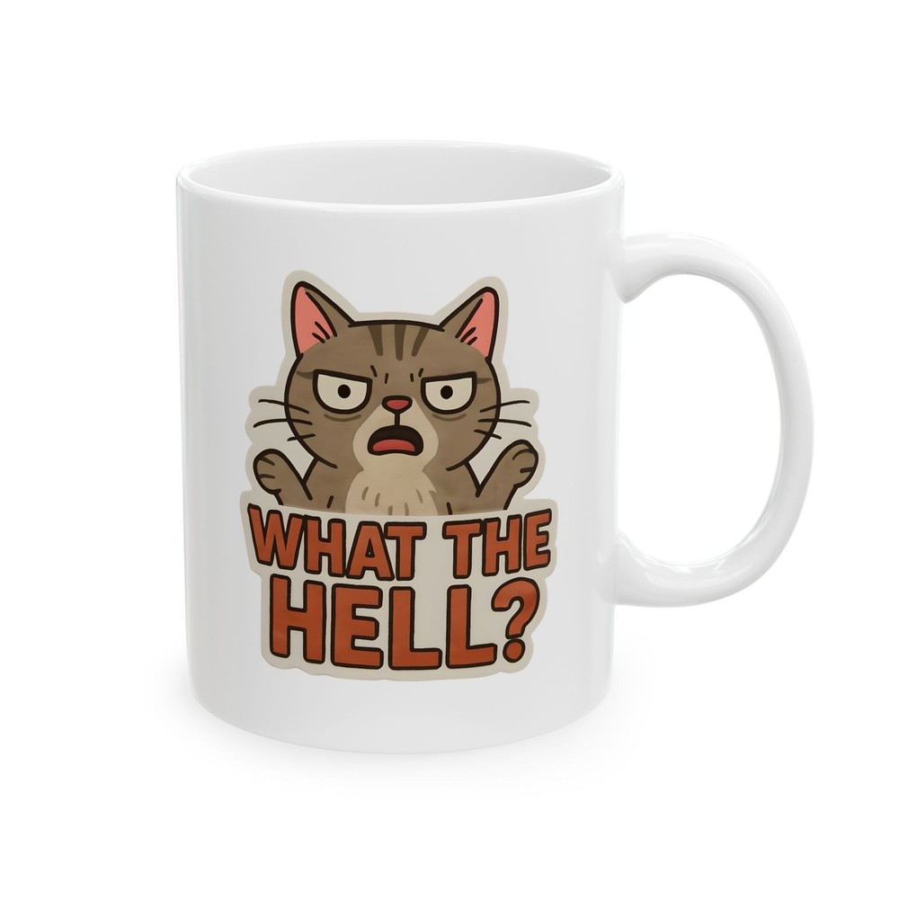 Grumpy Cat Illustration Mug | "What the Hell?" Cat Face Ceramic Mug