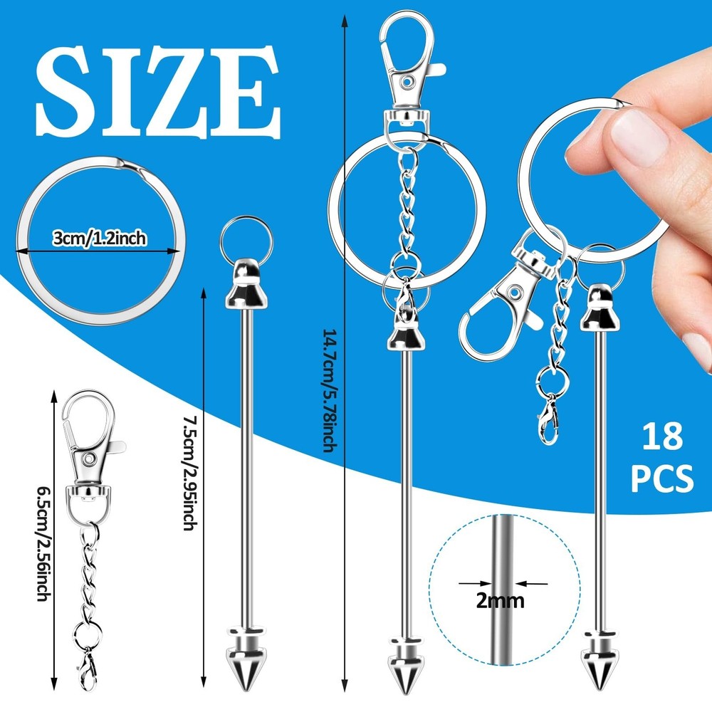 18 Pack Beadable Keychains Bars DIY Blank Beadable Keychains Metal Beaded Key...
