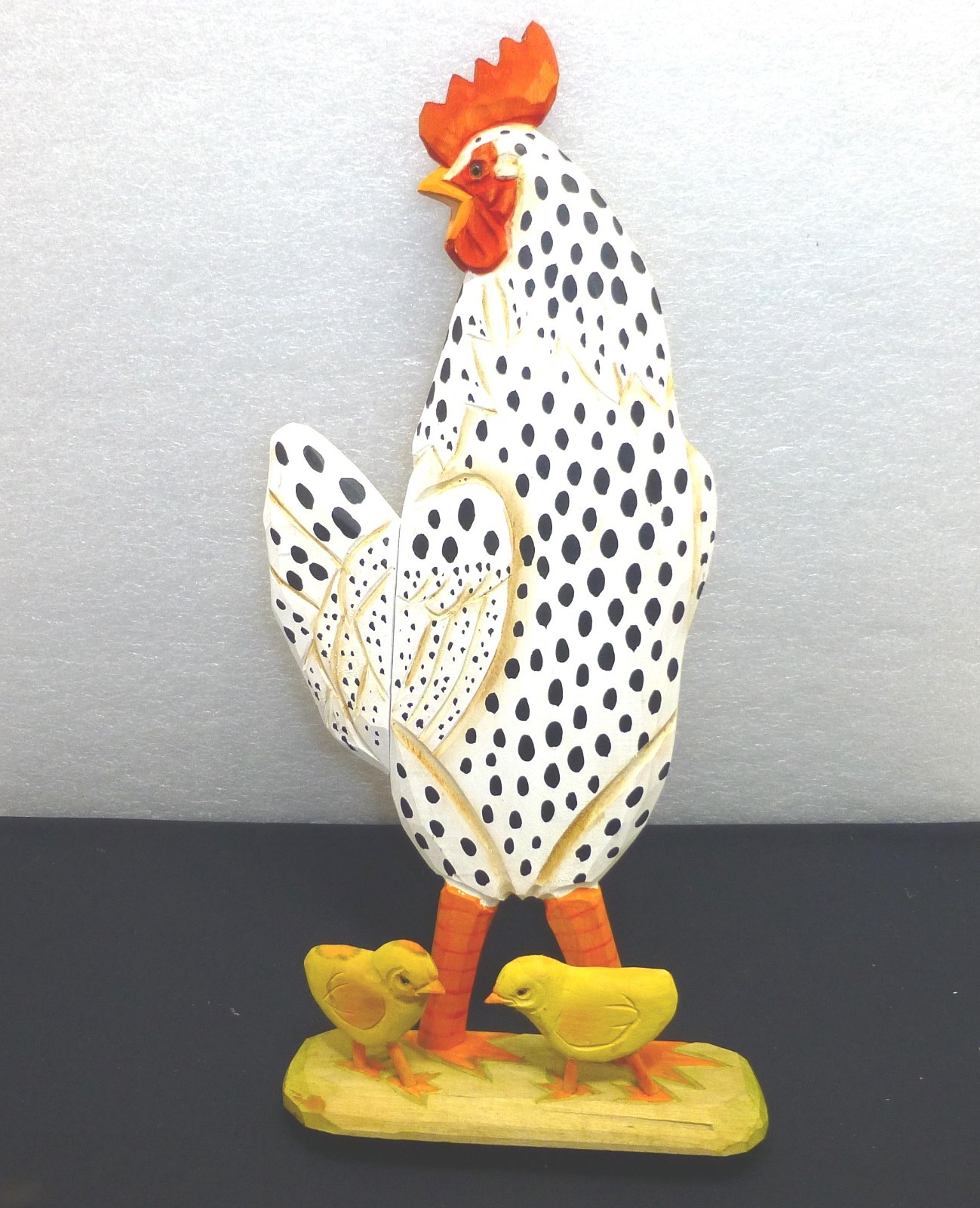 Vintage large folk art carved wood rooster chicken chicks figurine art old farm