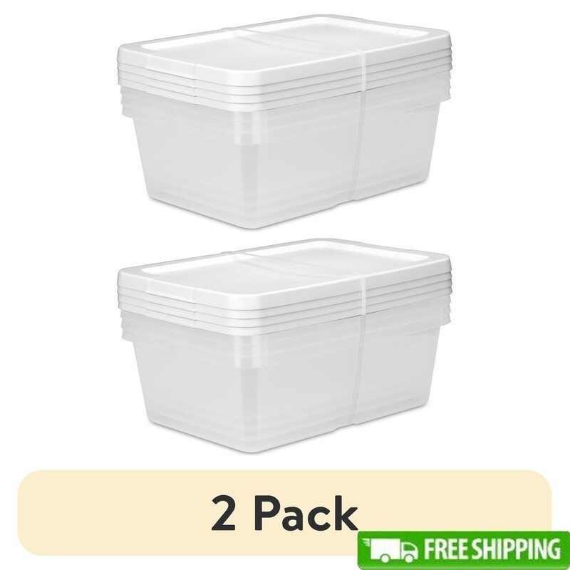 4 Pack Clear Plastic Storage Bins W/ Snap-on Lids Stackable Storage Boxes White