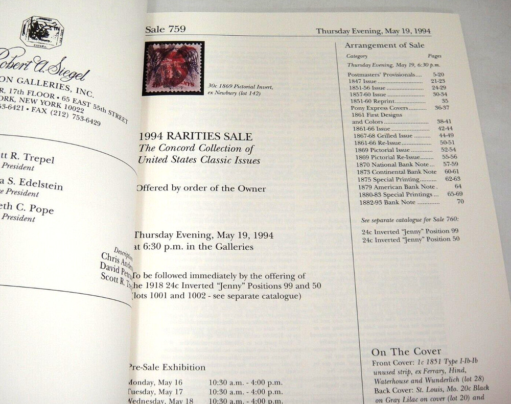 Siegel Stamp Auction Catalog 1994 w Prices Realized Rarities Concord Coll. #759
