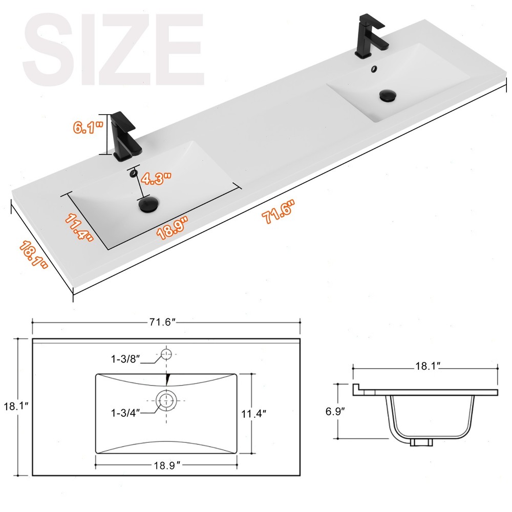 72" Double Sink Vanity Top Undermount Bathroom Sink