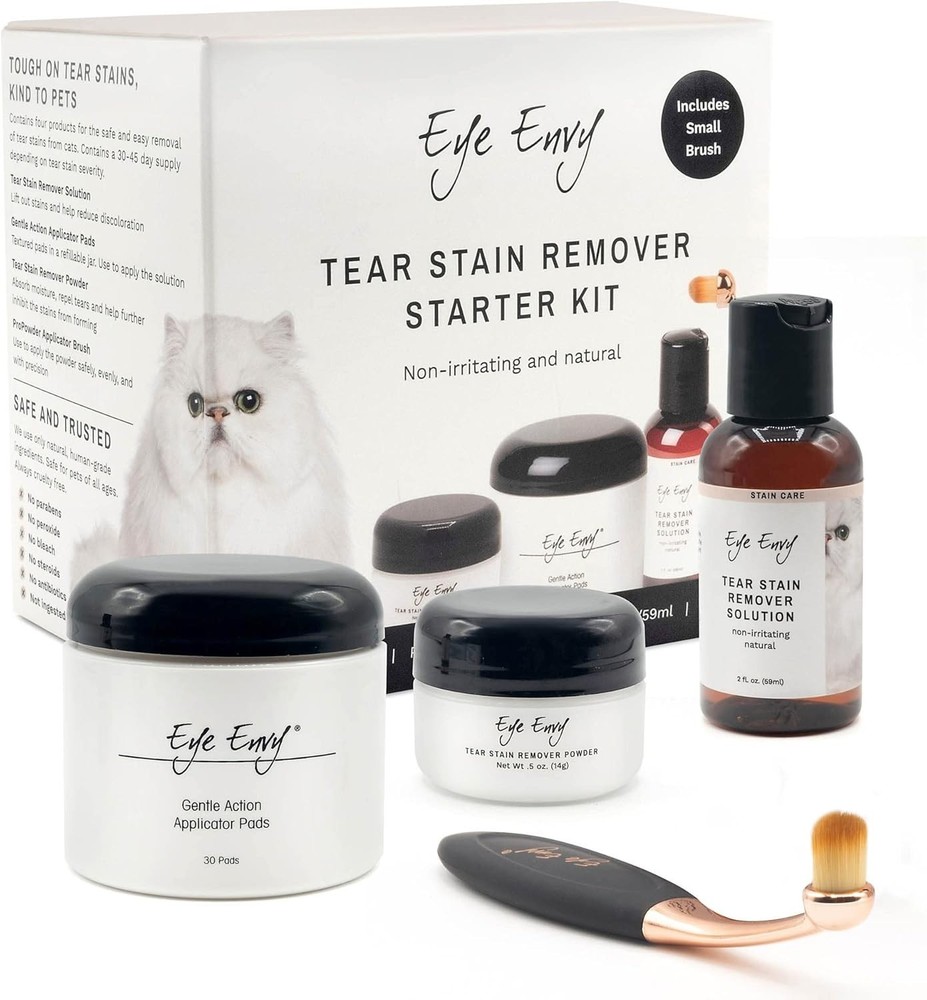 Cat Tear Stain Remover Starter Kit with ProPowder Brush. Stain Solution, Appl...