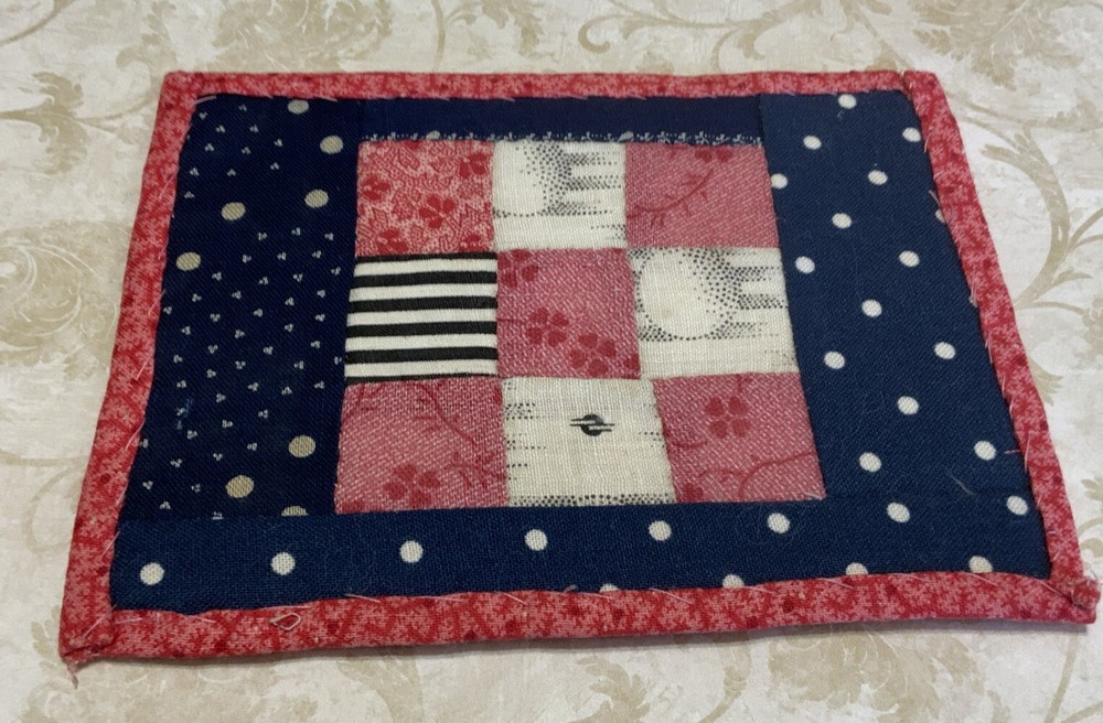 Antique Patchwork Quilt Table Topper Or Doll Quilt, Small, 9 Patch, Navy, Pink