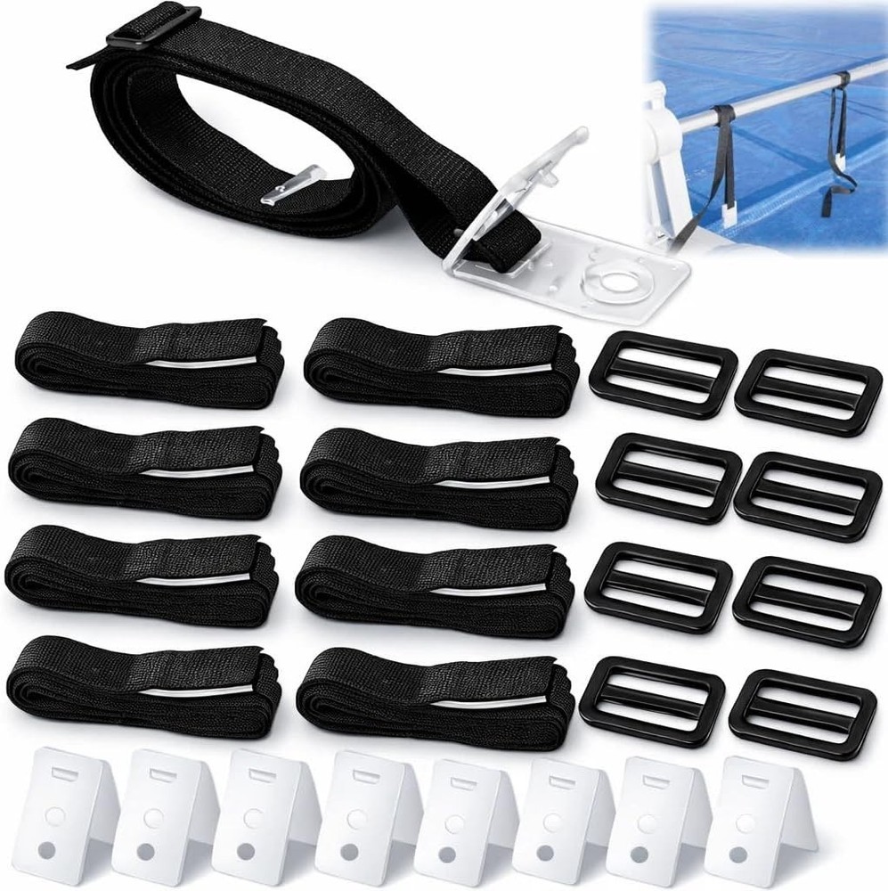 8-Pack Pool Cover Strap Kit with Hook & Loop Fasteners for 10-24ft In-Ground ...