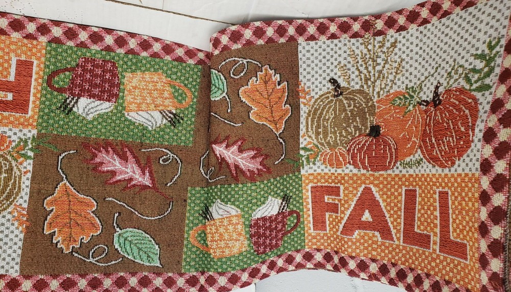 Long Tapestry Table Runner, 12"x70",FALL,HARVEST PATCHWORK, LEAVES & PUMPKINS,HC