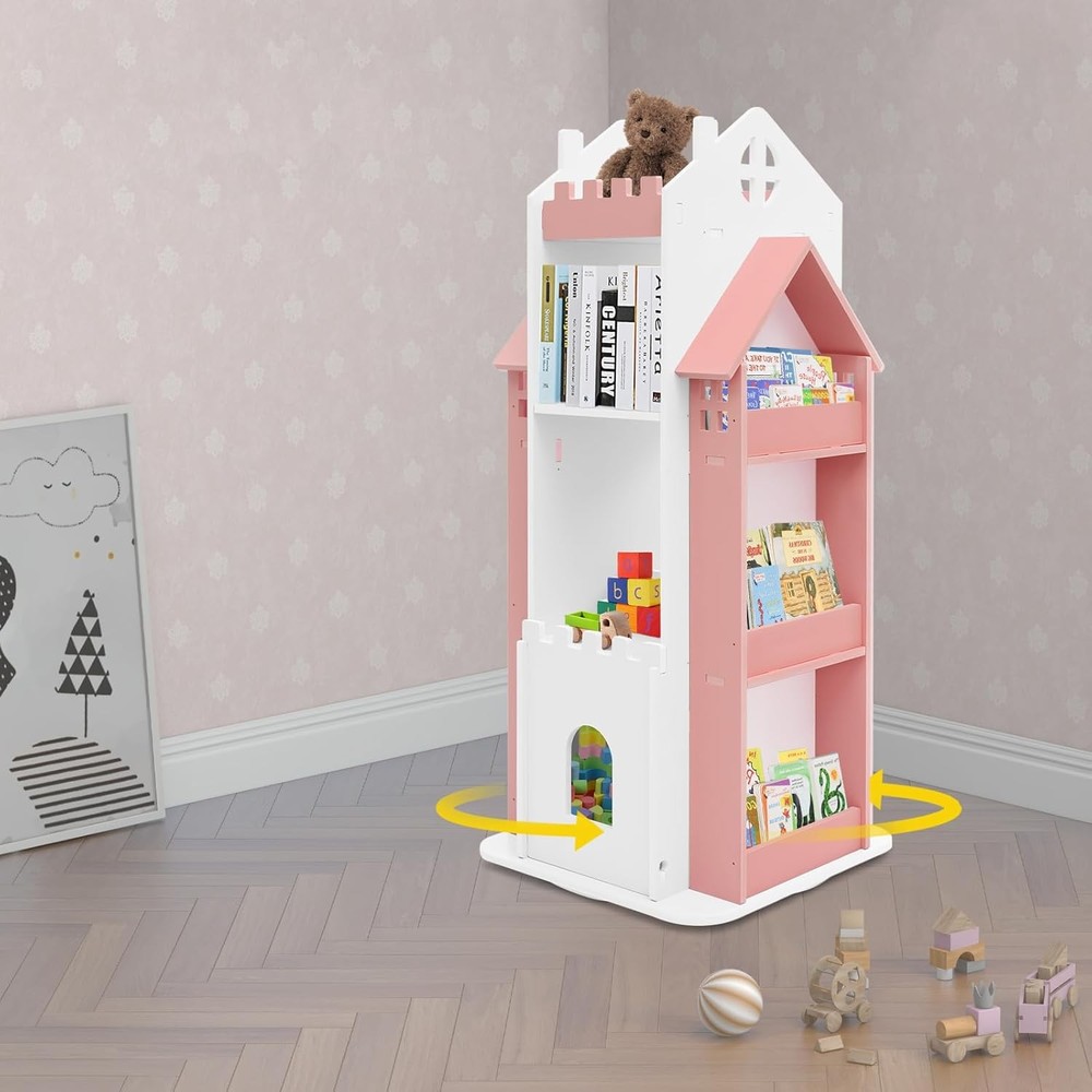 Pink Rotating 3-Tier Bookshelf for Kids - Stylish Storage Solution