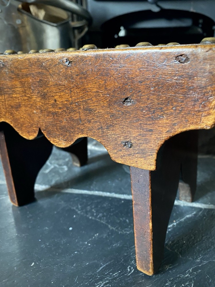 Unusual Antique 19th C. Solid Mahogany Stool With Brass Studs & Initials ‘R.V’