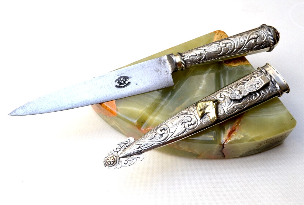 Handcrafted Long Coin Silver & Brass Knife "Horse & Ombu" Repousse Work (CM1561)