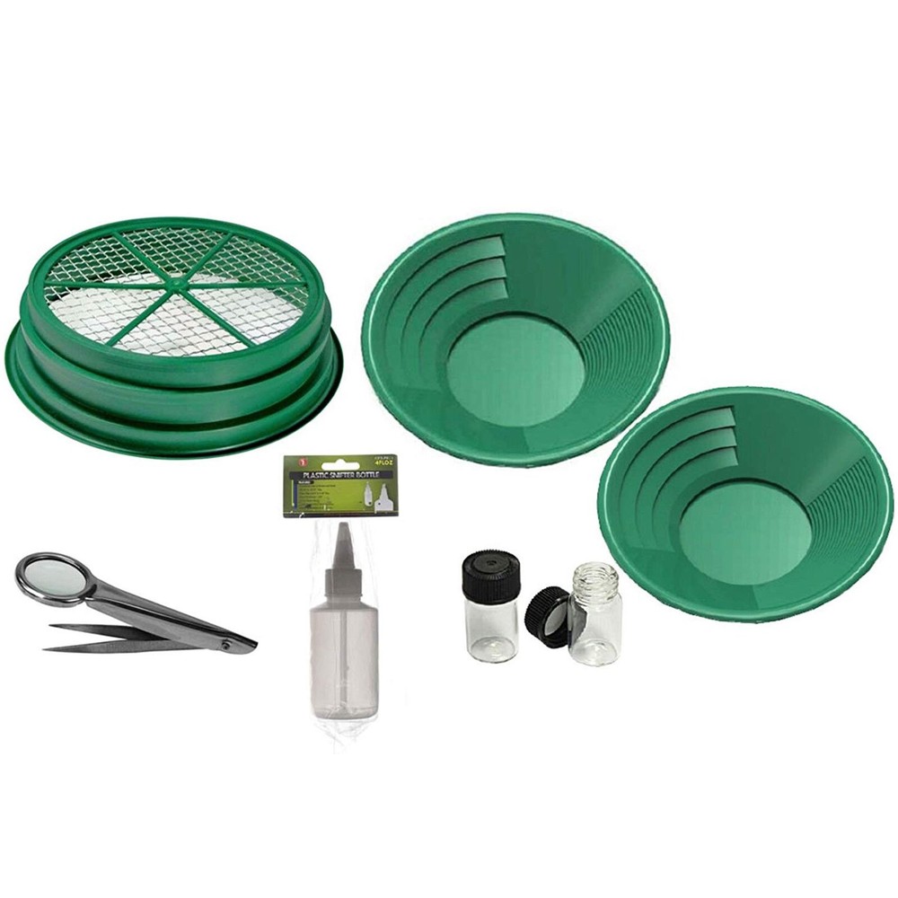 7pc Beginner Gold Panning Kit with 1/2 Classifier Screen, Gold Pan, Snuffer