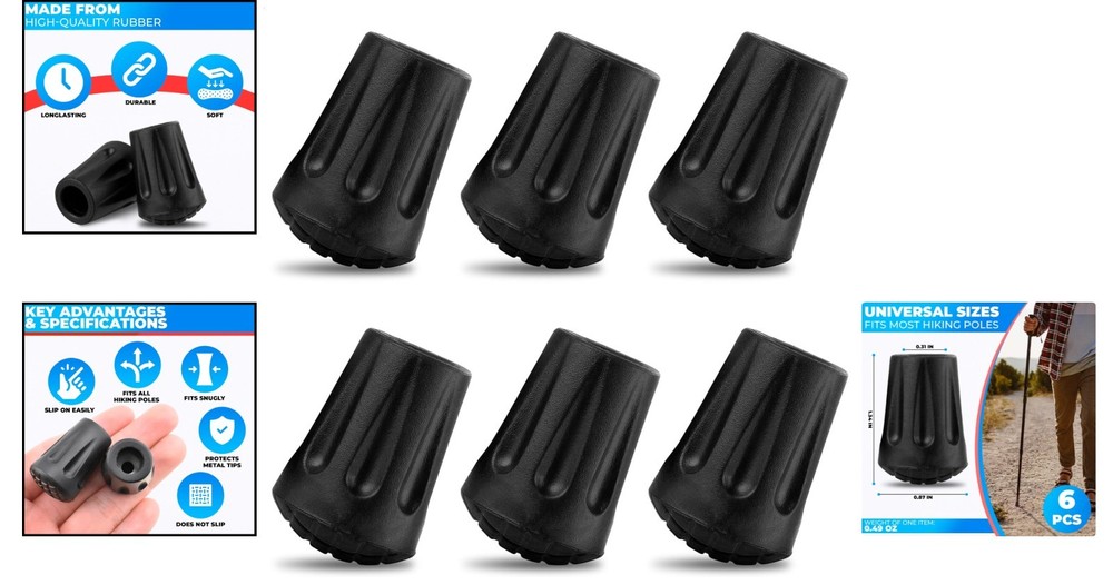 6 Pcs Black Rubber Hiking Pole Tips - Durable Replacement for Safety & Stability