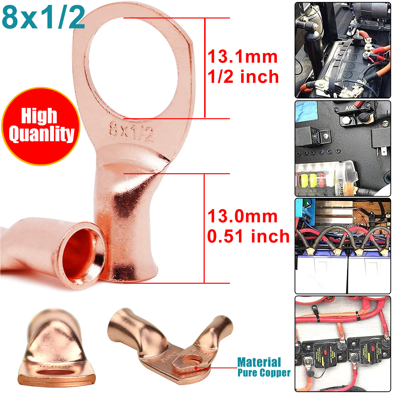 Bare Copper Cable Wire Lugs Ring Terminals 8-4/0 AWG Battery Wire Welding Cable