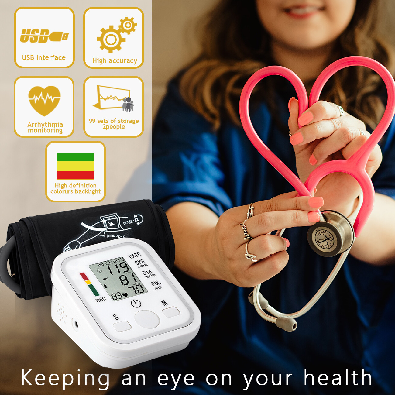 Digital Blood Pressure Monitor Automatic Pulse Meter BP Machine Voice Talking