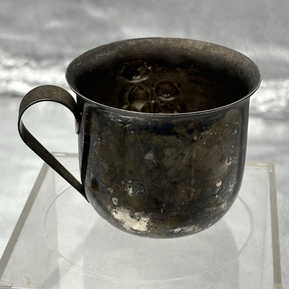 VTG Silverplate Baby Cups Godinger Teddy Bear Leonard Hong Kong Nursery Patina