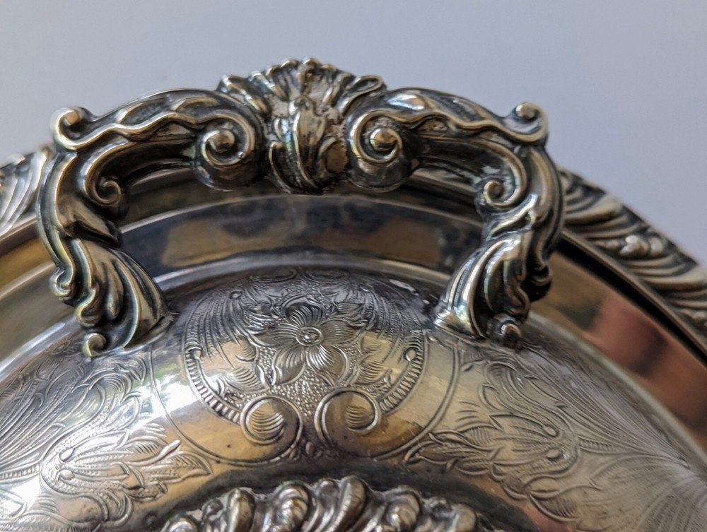 Barker Ellis England Antique Silverplate Lidded Dish Engraved Flowers Rococo