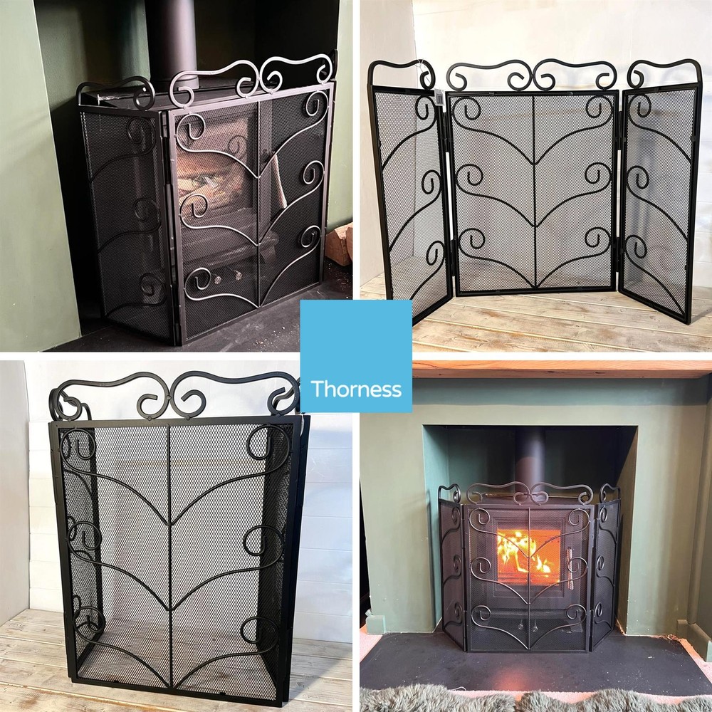 Black Metal foldable 3-panel fireplace surround screen 68cm high |mesh netting