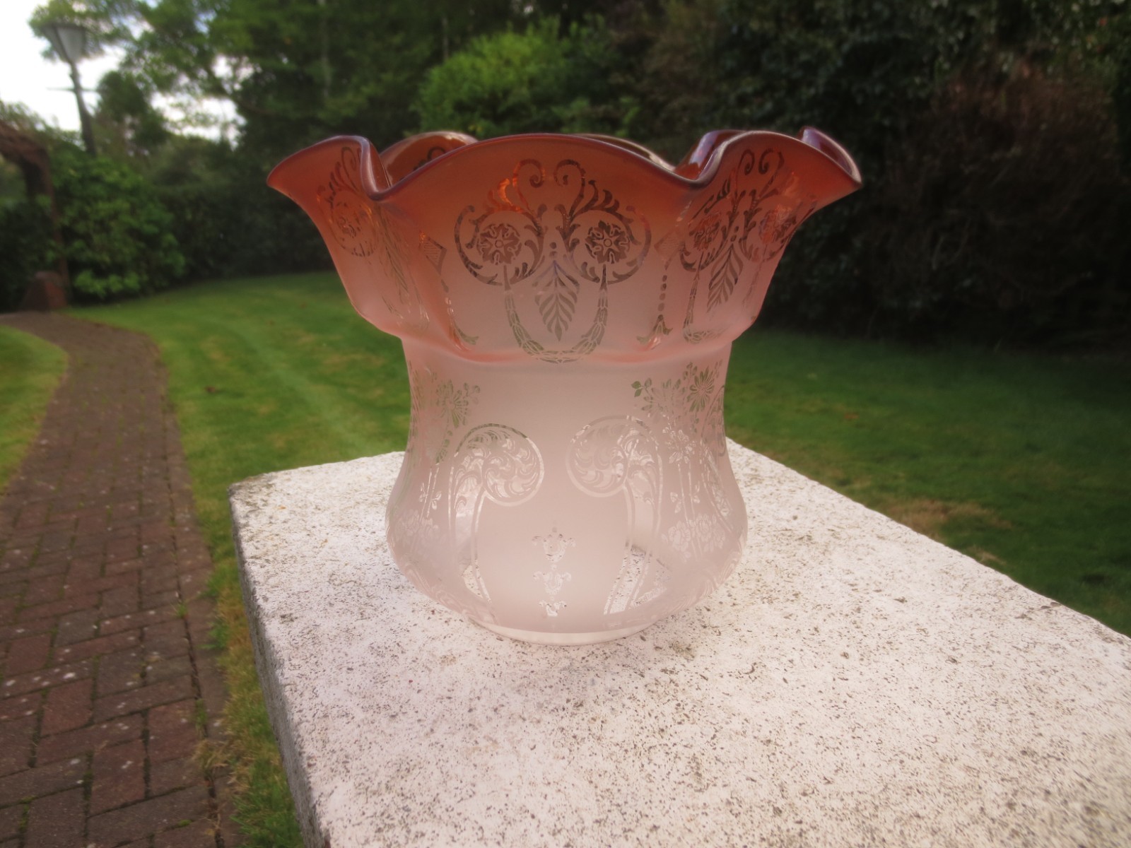 ORIGINAL ANTIQUE TALL GLASS DUPLEX ACID ETCHED TULIP OIL LAMP SHADE