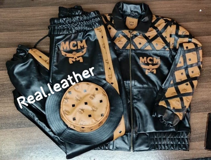 Vintage MCM Black Leather Tracksuit Jacket Pants & Bucket Hat Set Monogram Logo