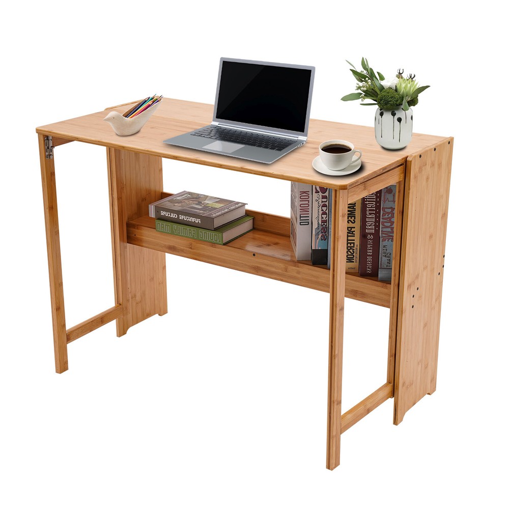 Folding Computer Desk, Modern Writing Table &Storage Shelf Home Office Work Desk