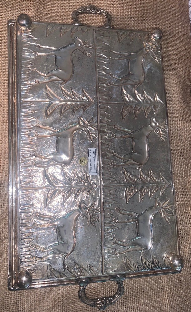 Modern Deer 6 Panel Silver Repousse Footed Tray 10.75”W 16.75”L 19” 2”T 2 Handle