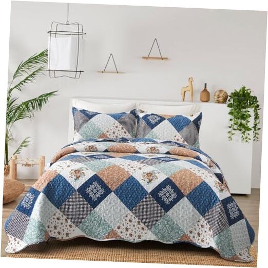 Reversible Patchwork Quilt Bedding Set Queen Size Green Queen（90"Wx90"L） Blue