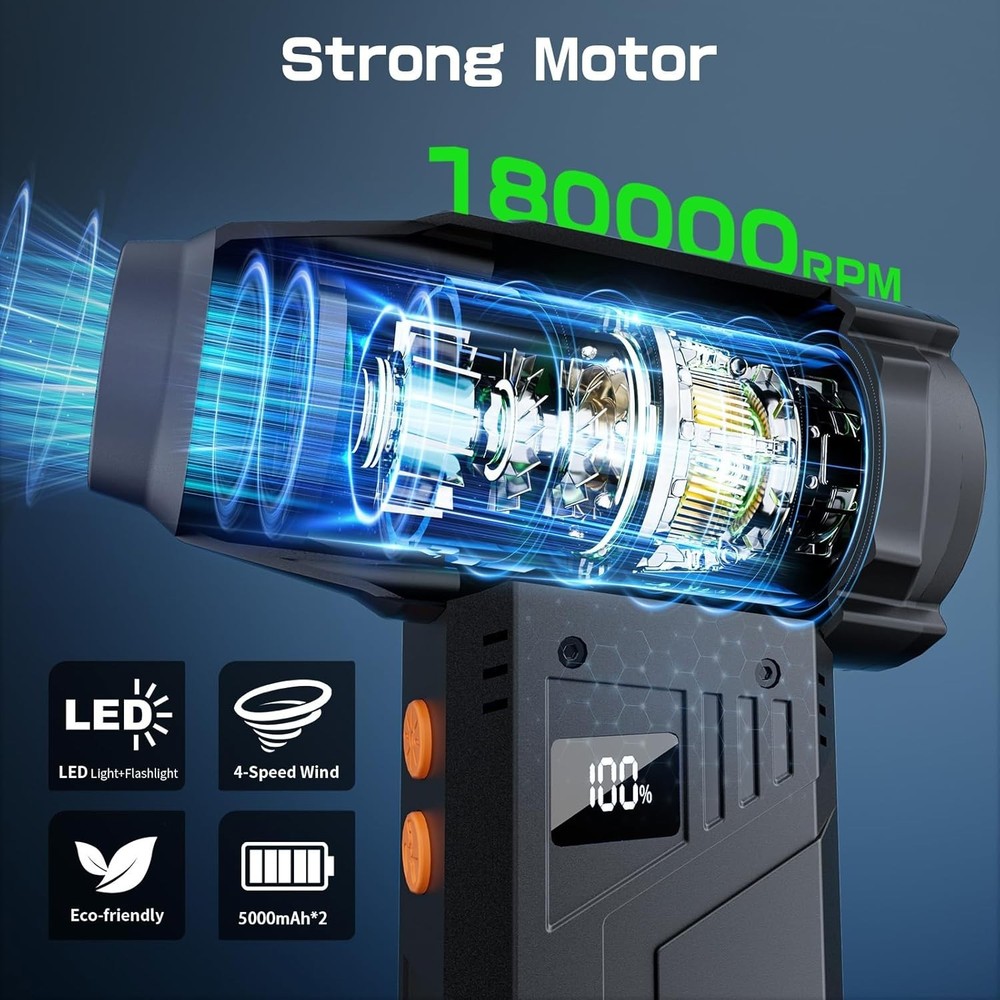 Compact Compressed Air Duster - 4 Adjustable Levels & LED Light for All Surfaces