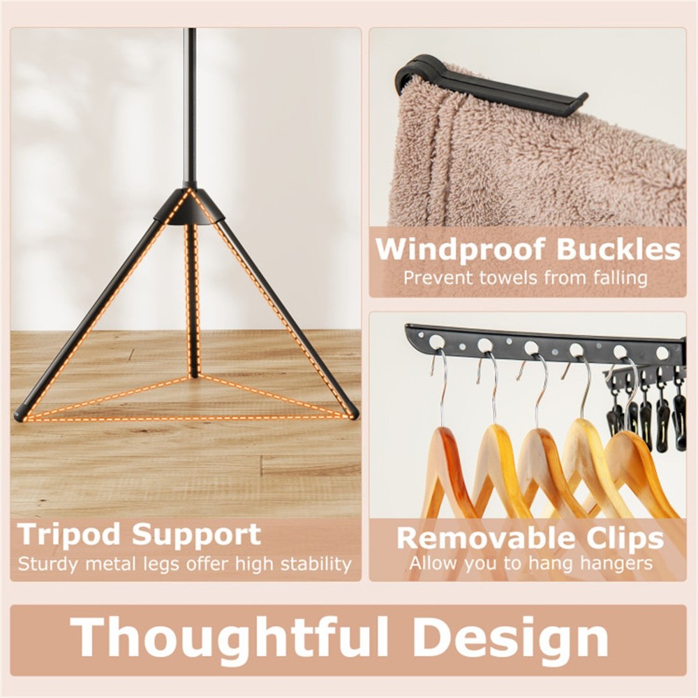 3-Tier Foldable Tripod Clothes Drying Rack with 24 Clips & 32 Rods, 70" Space Sa