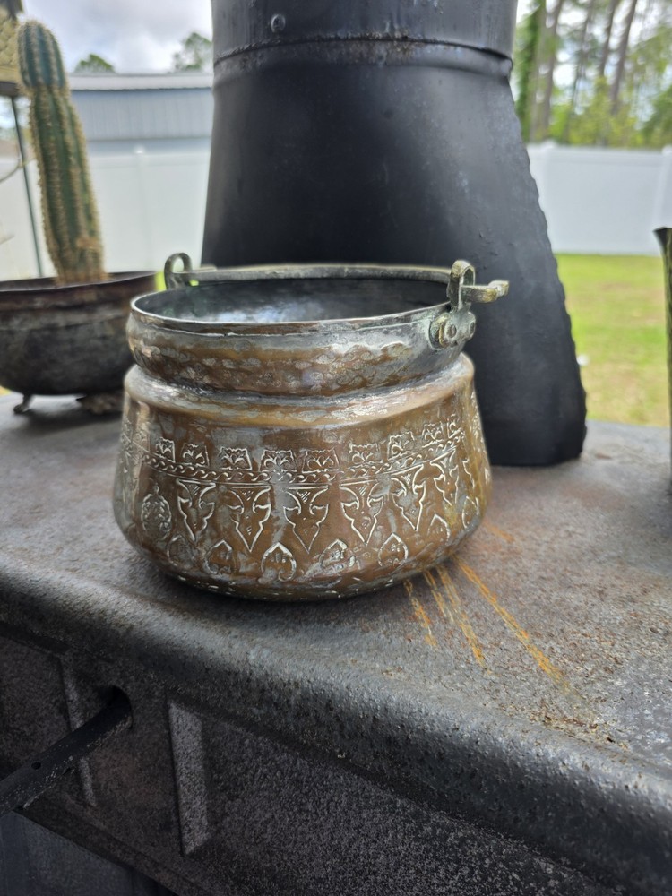 VTG Brass Copper Pot Cauldron Bucket Primitive Etched Handle Rustic 6"