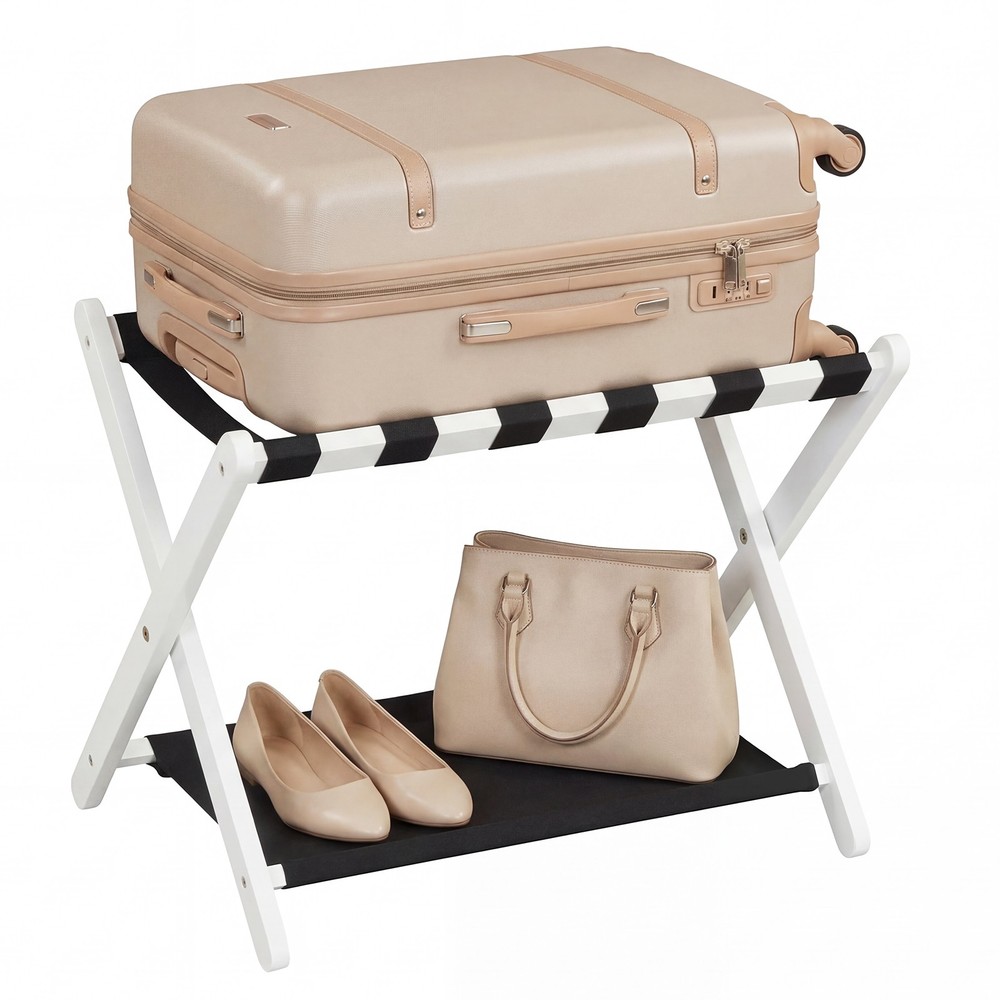 Luggage Rack, Solid Rubberwood Suitcase Stand with Nylon Shelves, Portable