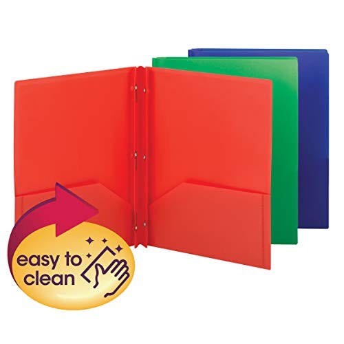 Poly Two-Pocket Folder, Three-Hole Punch Prong Letter Red, Blue, Green