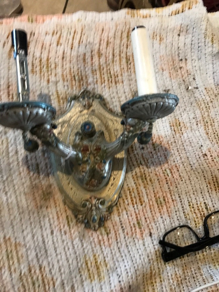 LLT matched pair antique white metal polychrome 2 Loarm wall sconce As found