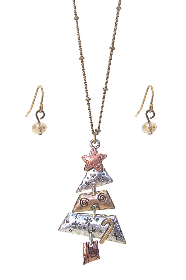 Christmas Tree Tri Toned Rustic Looking Brass, Silver, and Copper Toned