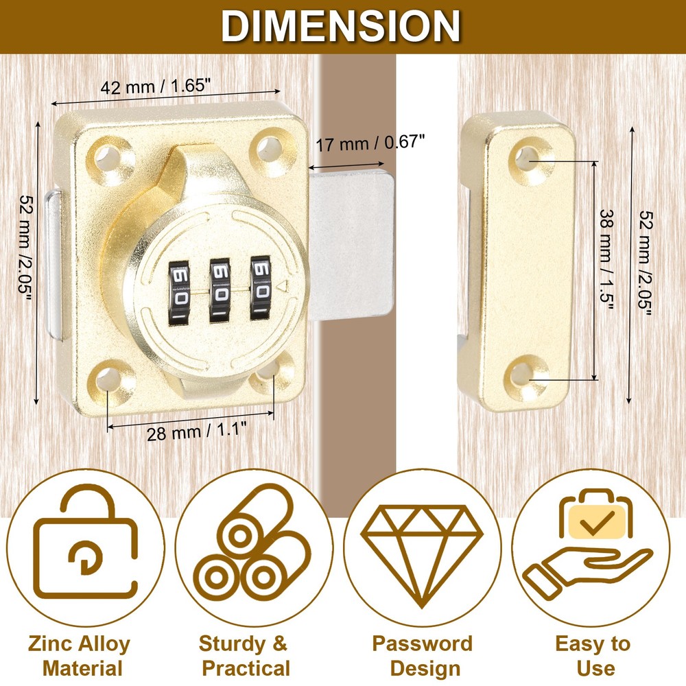 2 Pcs Combination Cabinet Latch Keyless Password Locks Gold