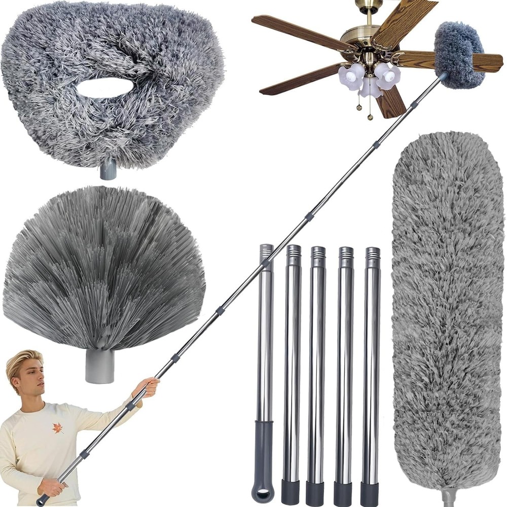 20+ Ft High Reach Ceiling Fan Duster & Cobweb & Corner Brush Duster with 3-14...
