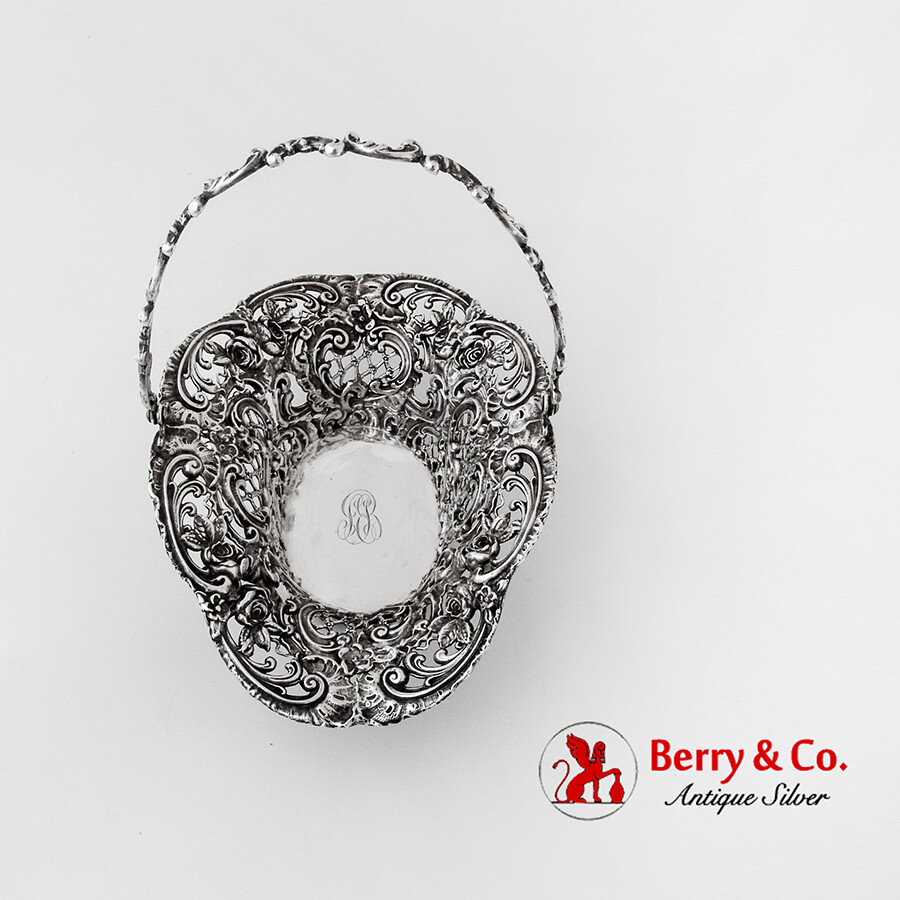Baroque Floral Scroll Openwork Basket Swing Handle Sterling Silver 1900