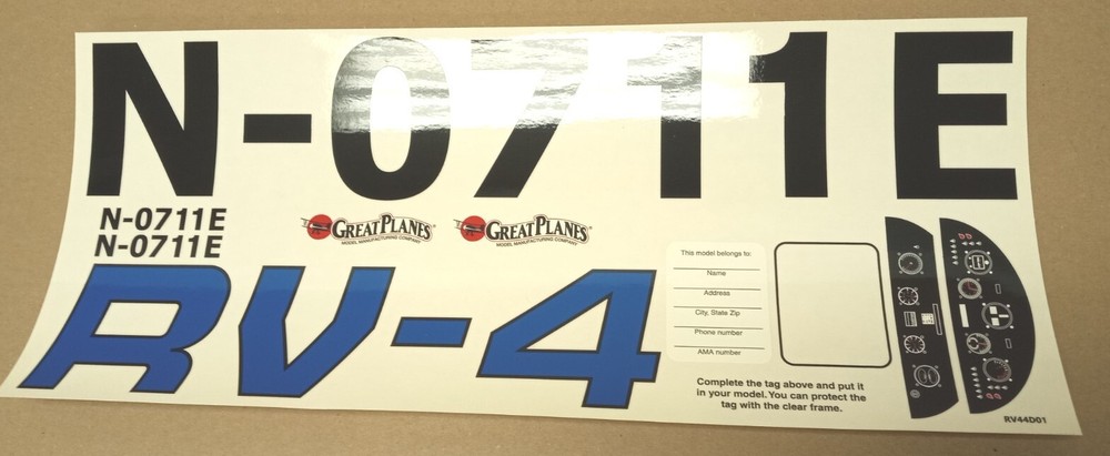 Great Planes RV-4 40 RC Model Airplane OEM Decals ELD4D01