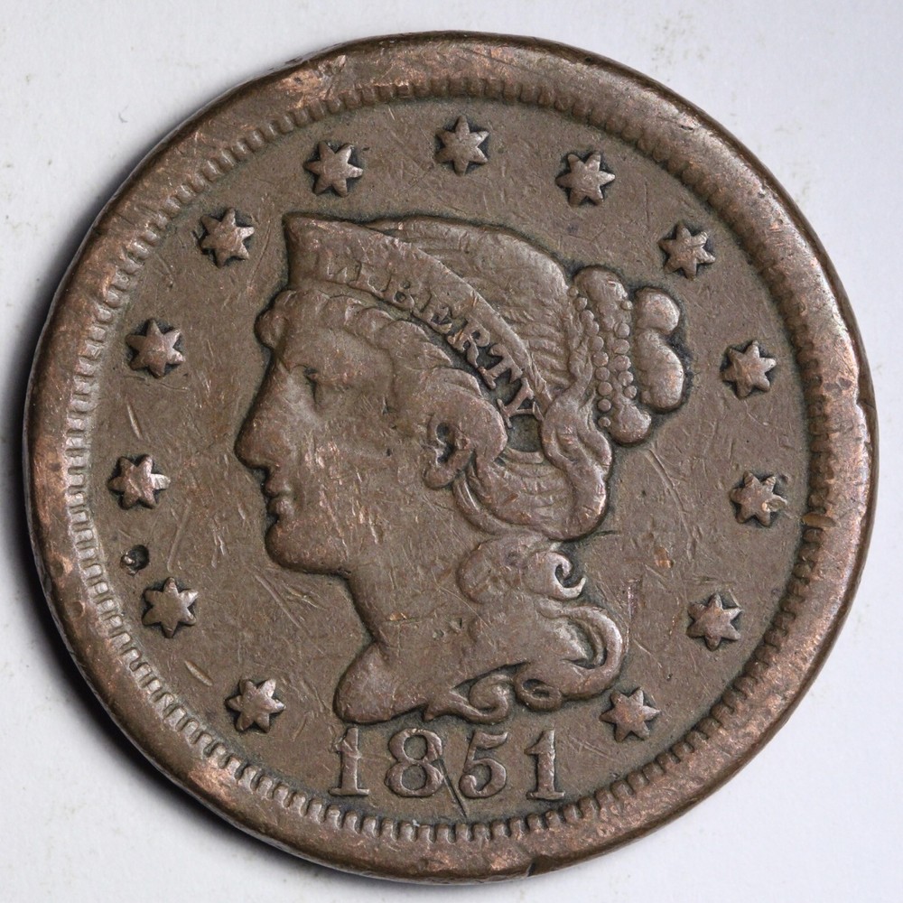 1851 Braided Hair Large Cent CHOICE VF E145 RNC