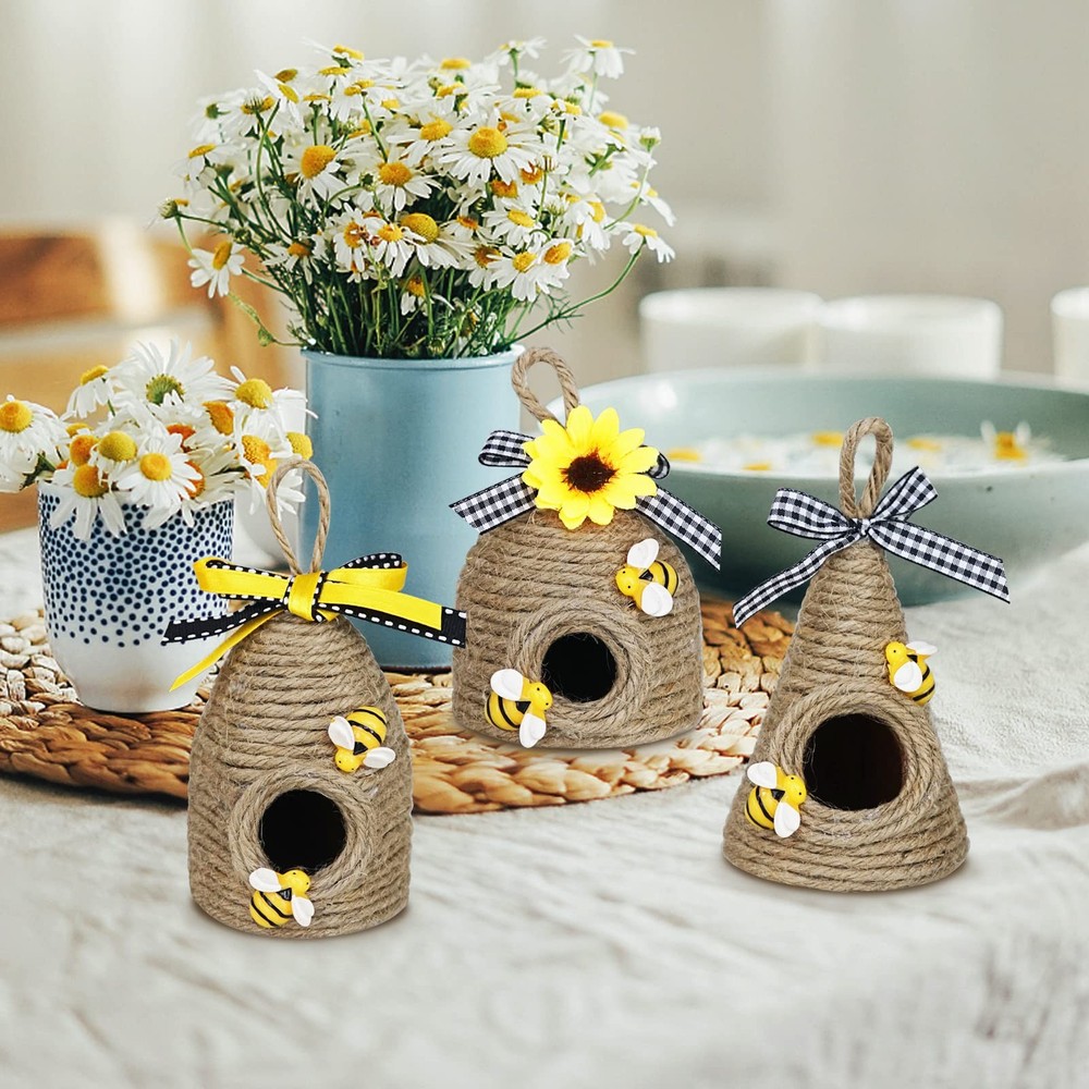 Rustic Bumble Bee Hive Decor - 3 Pack Natural Bee House, Spring/Summer Farmho...