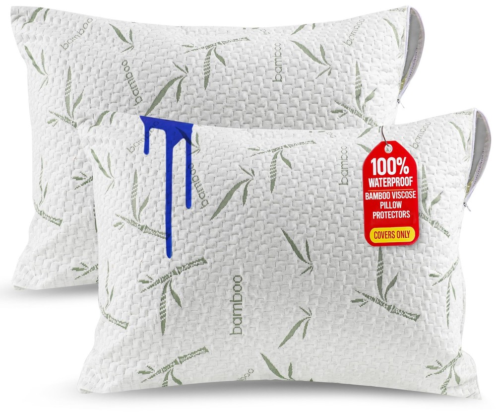 Waterproof Pillow Protectors with Zipper Queen Size (2 Pack), Soft and Coolin...